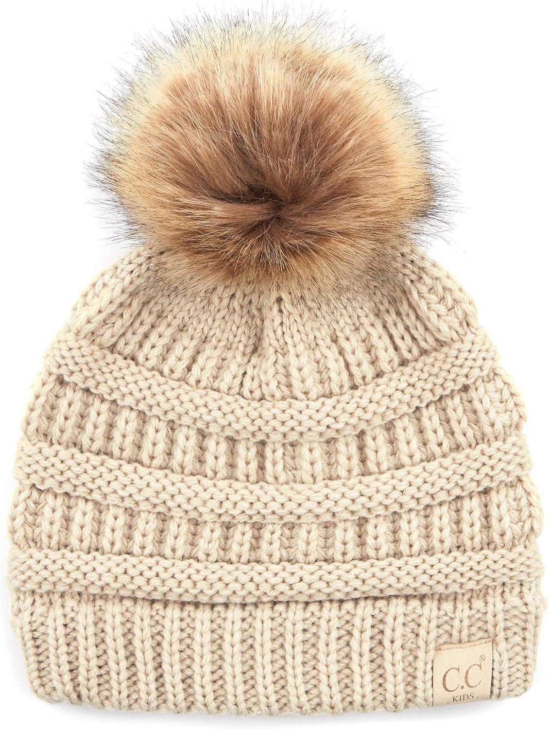 imageCC Exclusives Solid Ribbed Kids Beanie Hat with Faux Fur Pom KIDS43KIDS2061Beige