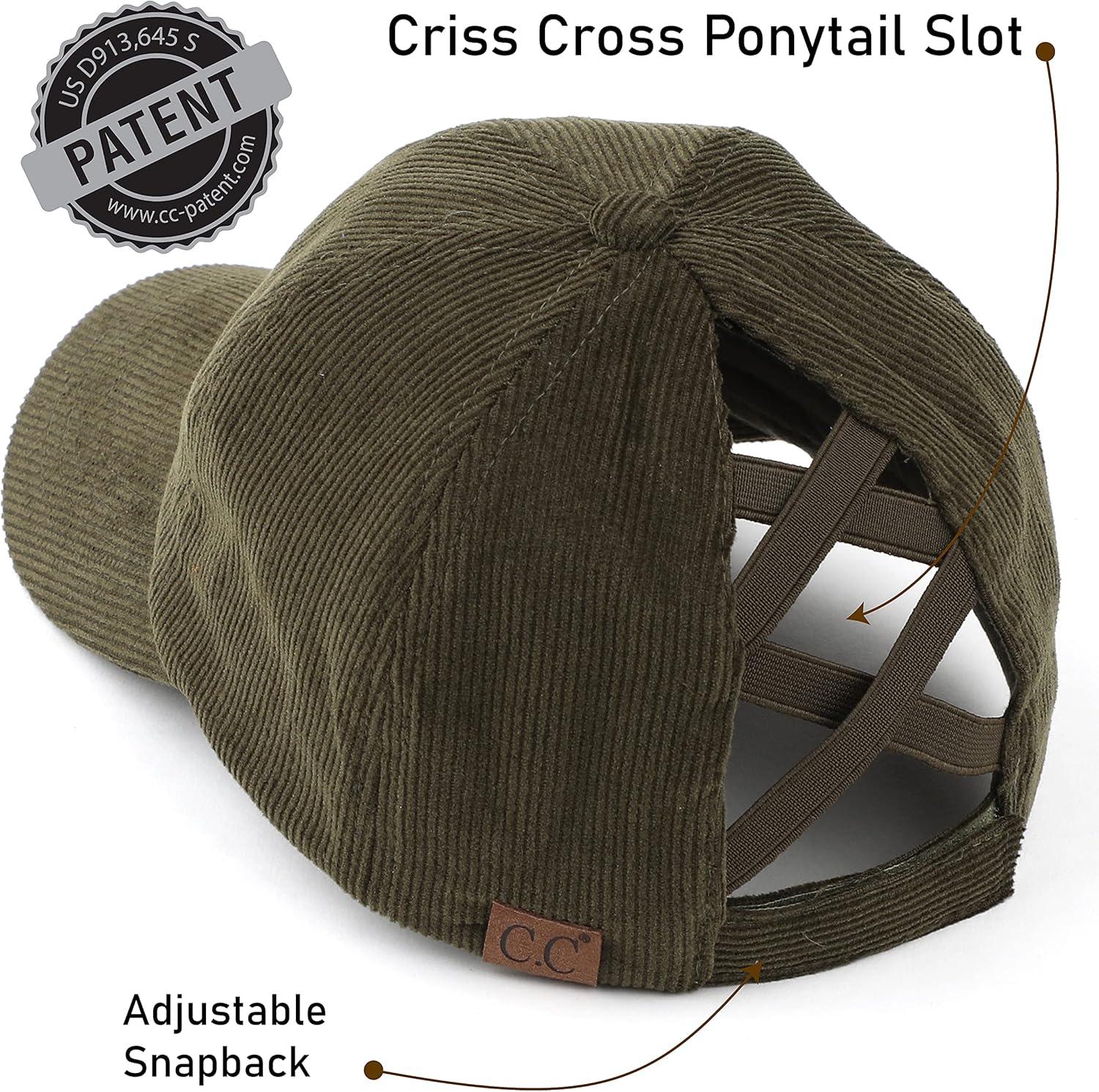 imageCC Exclusives Stone Washed Corduroy CrissCross Ponytail Baseball Cap for Women Adjustable High Bun HatOlive