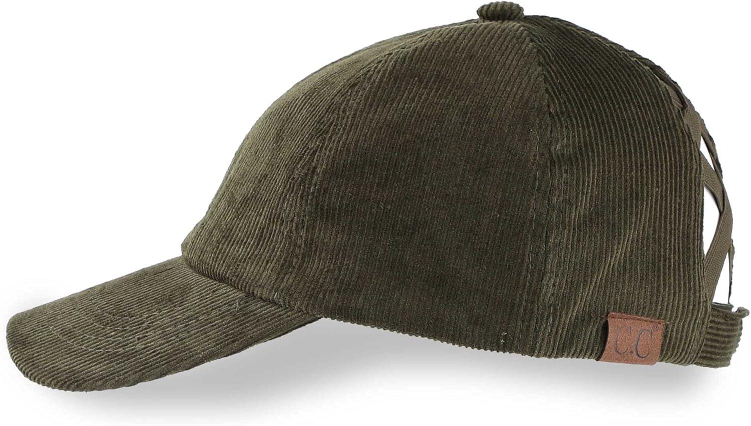 imageCC Exclusives Stone Washed Corduroy CrissCross Ponytail Baseball Cap for Women Adjustable High Bun HatOlive