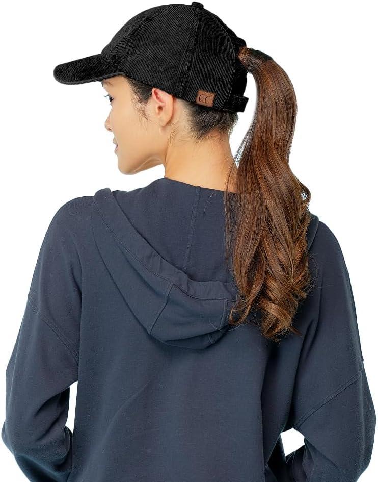 imageCC Exclusives Stone Washed Corduroy CrissCross Ponytail Baseball Cap for Women Adjustable High Bun HatStone Washed  Black