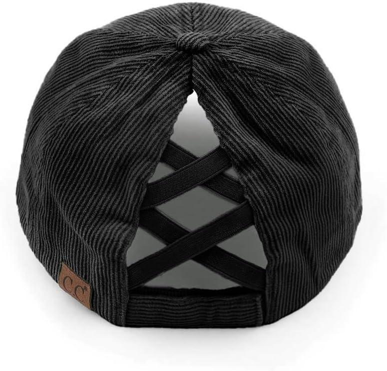 imageCC Exclusives Stone Washed Corduroy CrissCross Ponytail Baseball Cap for Women Adjustable High Bun HatStone Washed  Black
