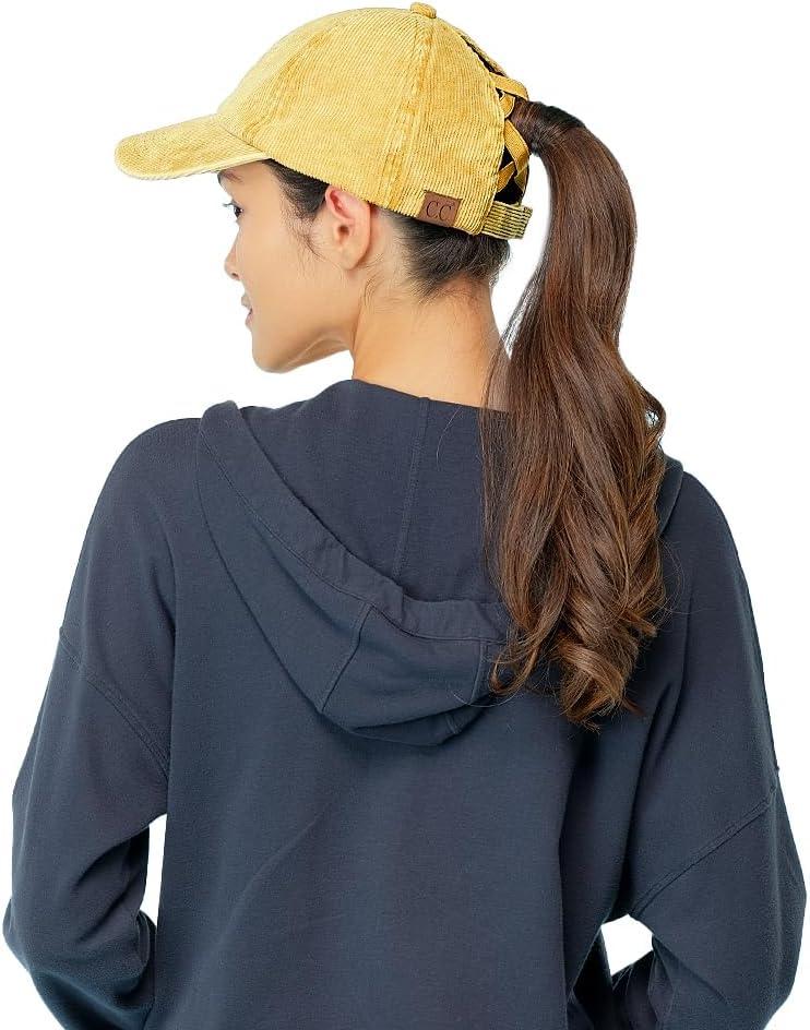 imageCC Exclusives Stone Washed Corduroy CrissCross Ponytail Baseball Cap for Women Adjustable High Bun HatStone Washed  Honey Mustard