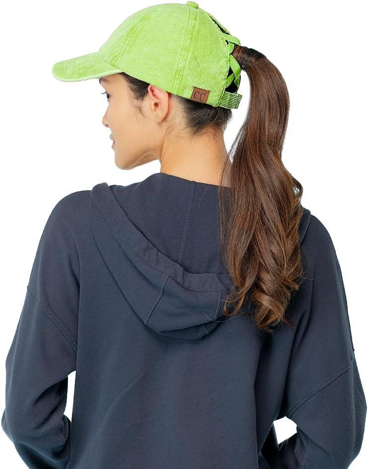 imageCC Exclusives Stone Washed Corduroy CrissCross Ponytail Baseball Cap for Women Adjustable High Bun HatStone Washed  Lime