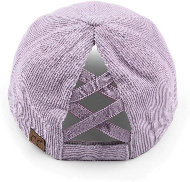 imageCC Exclusives Stone Washed Corduroy CrissCross Ponytail Baseball Cap for Women Adjustable High Bun HatStone Washed  Violet