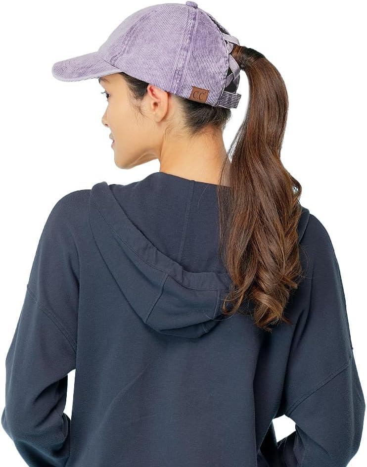 imageCC Exclusives Stone Washed Corduroy CrissCross Ponytail Baseball Cap for Women Adjustable High Bun HatStone Washed  Violet