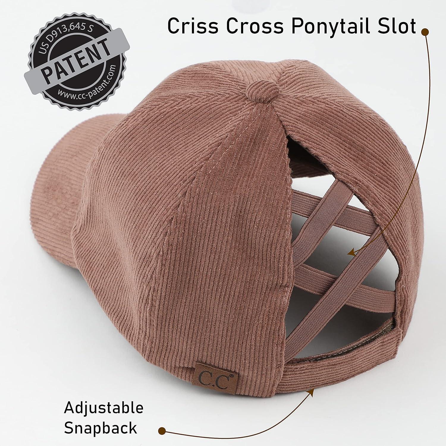 imageCC Exclusives Stone Washed Corduroy CrissCross Ponytail Baseball Cap for Women Adjustable High Bun HatTaupe