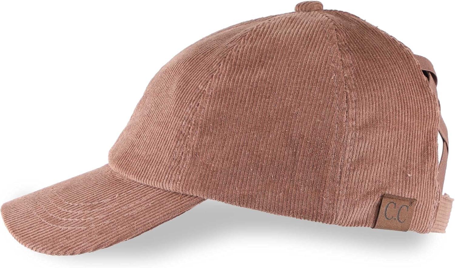 imageCC Exclusives Stone Washed Corduroy CrissCross Ponytail Baseball Cap for Women Adjustable High Bun HatTaupe