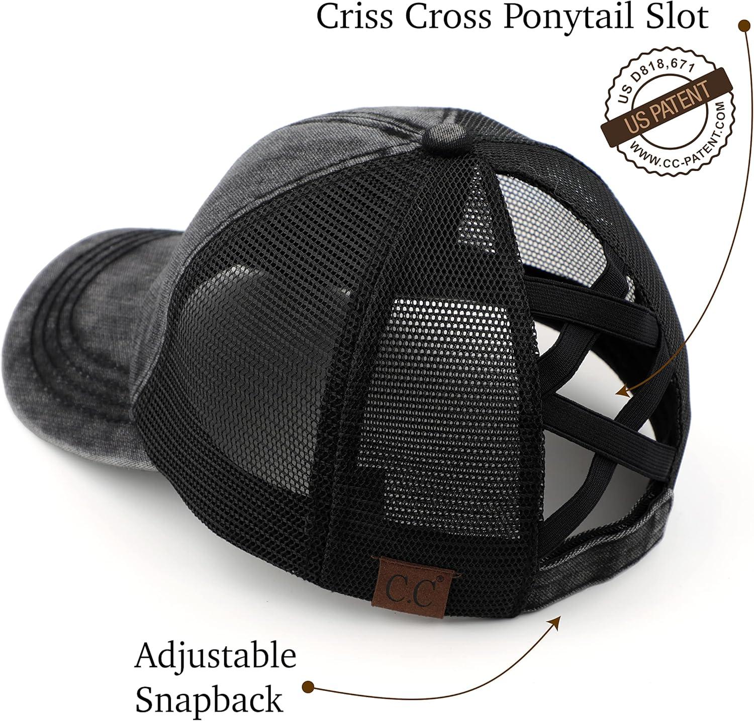 imageCC Exclusives Washed Distressed Cotton Denim CrissCross Ponytail Hat Baseball Cap BT1009Black
