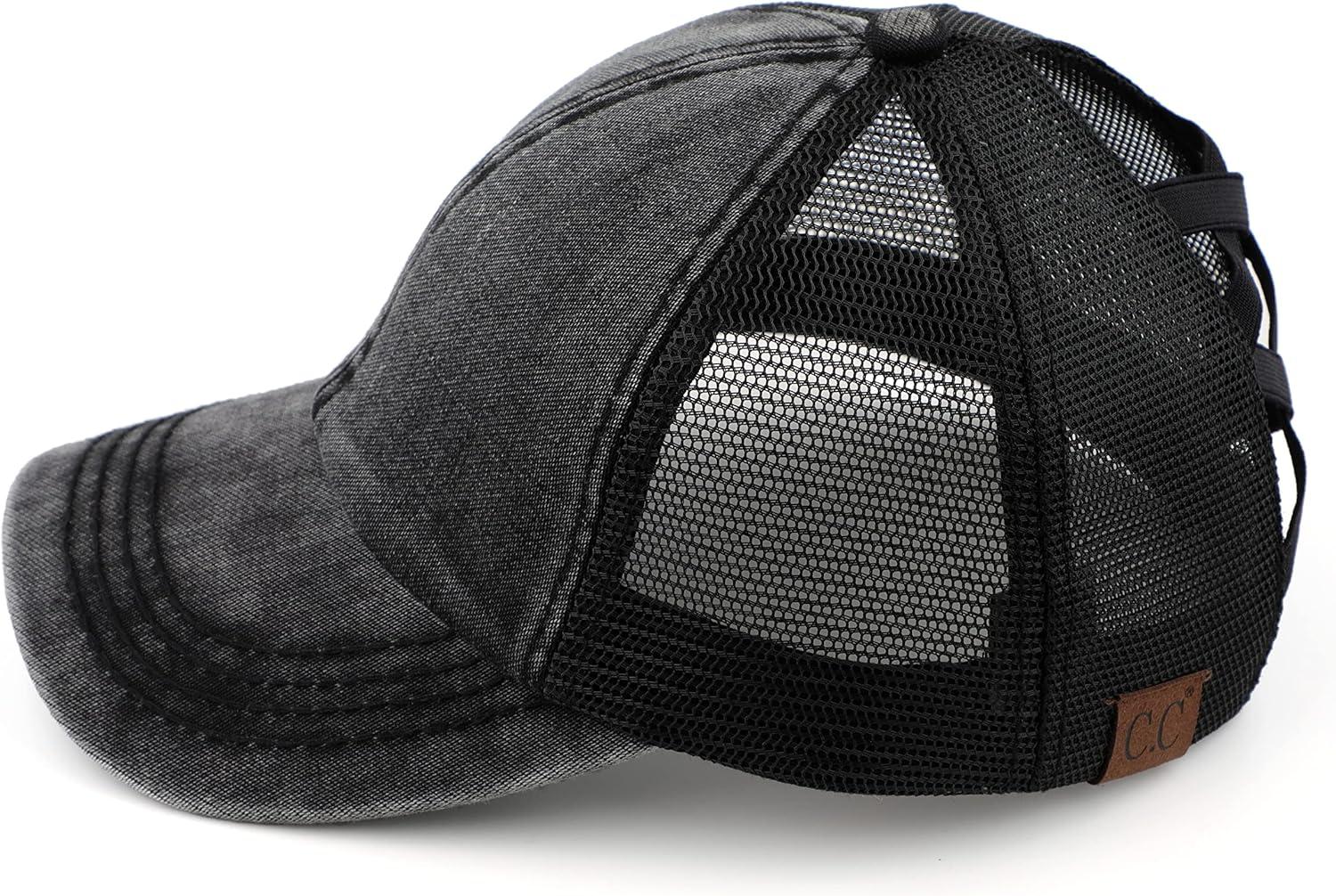 imageCC Exclusives Washed Distressed Cotton Denim CrissCross Ponytail Hat Baseball Cap BT1009Black
