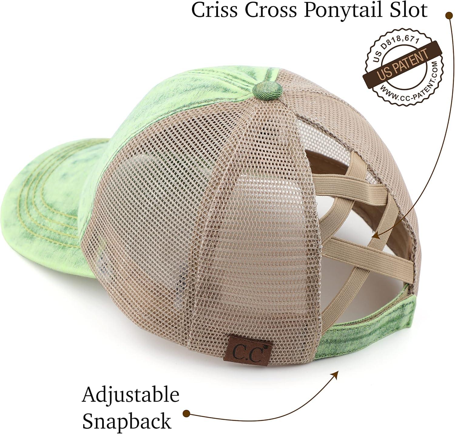 imageCC Exclusives Washed Distressed Cotton Denim CrissCross Ponytail Hat Baseball Cap BT1009Lime