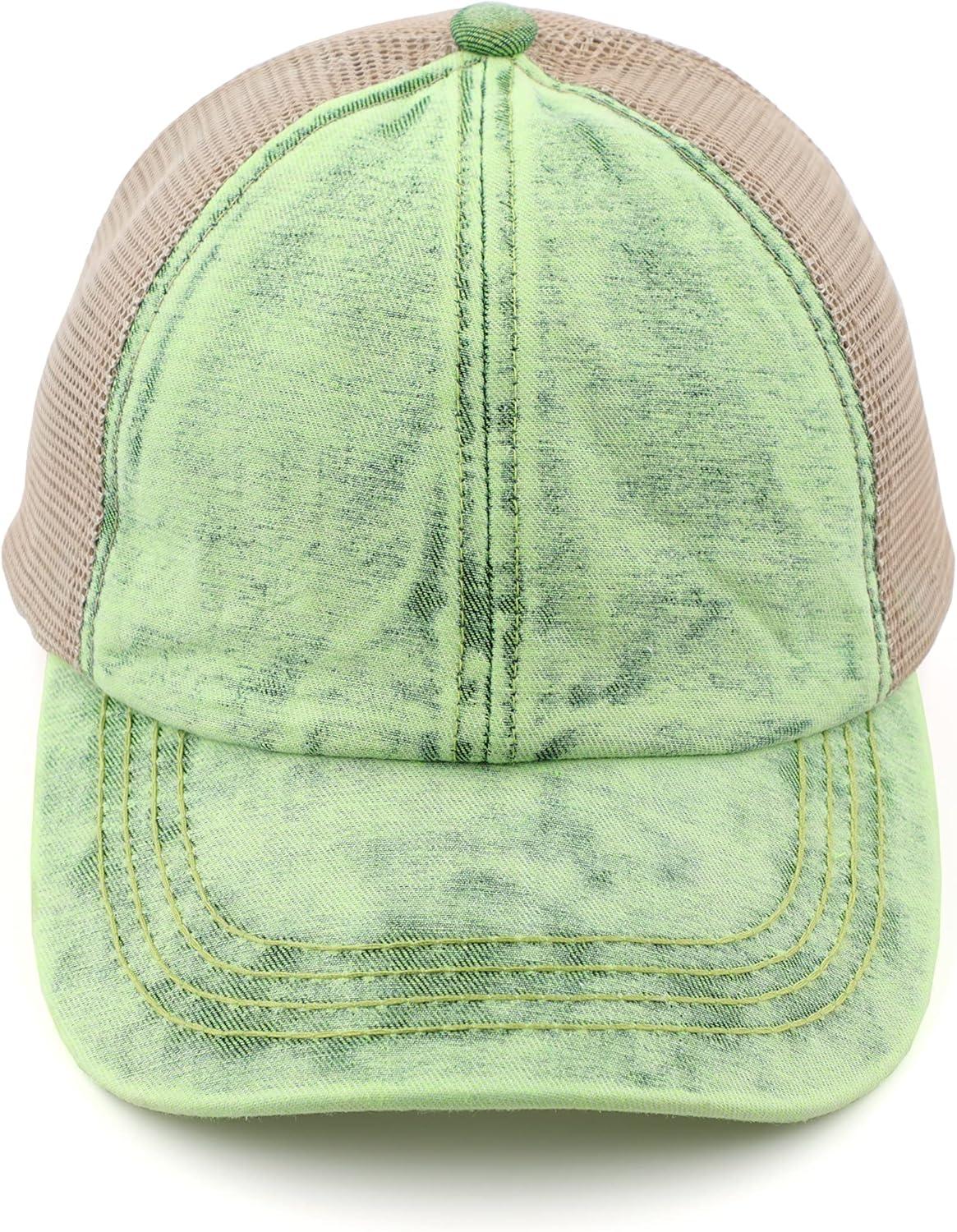 imageCC Exclusives Washed Distressed Cotton Denim CrissCross Ponytail Hat Baseball Cap BT1009Lime