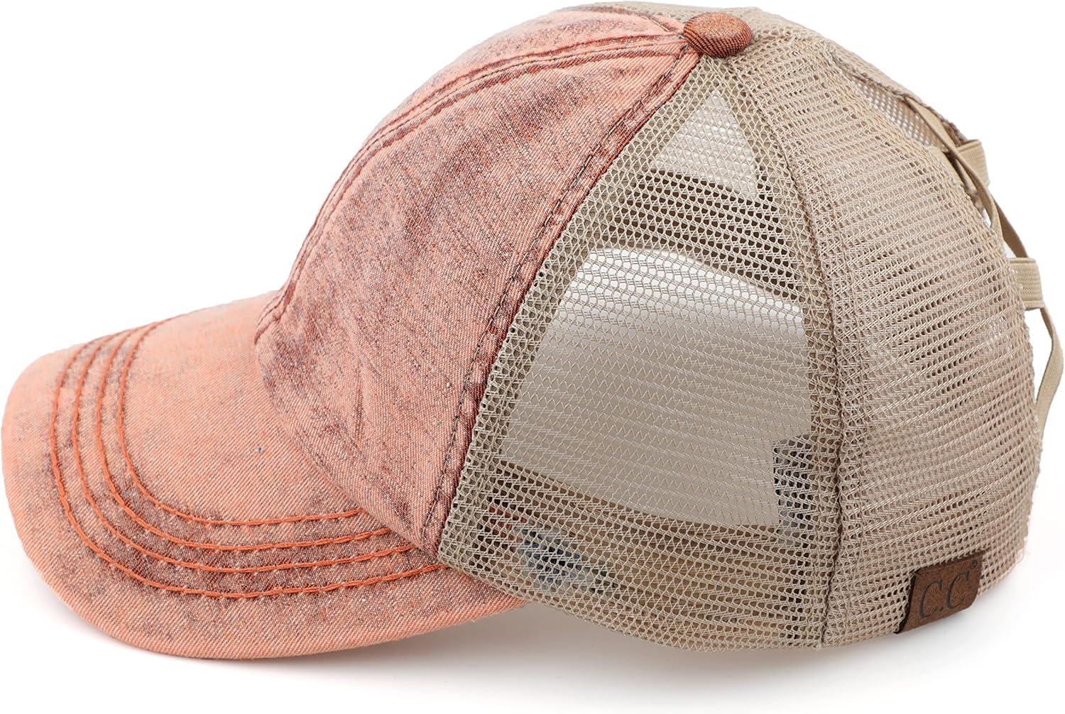 imageCC Exclusives Washed Distressed Cotton Denim CrissCross Ponytail Hat Baseball Cap BT1009Orange
