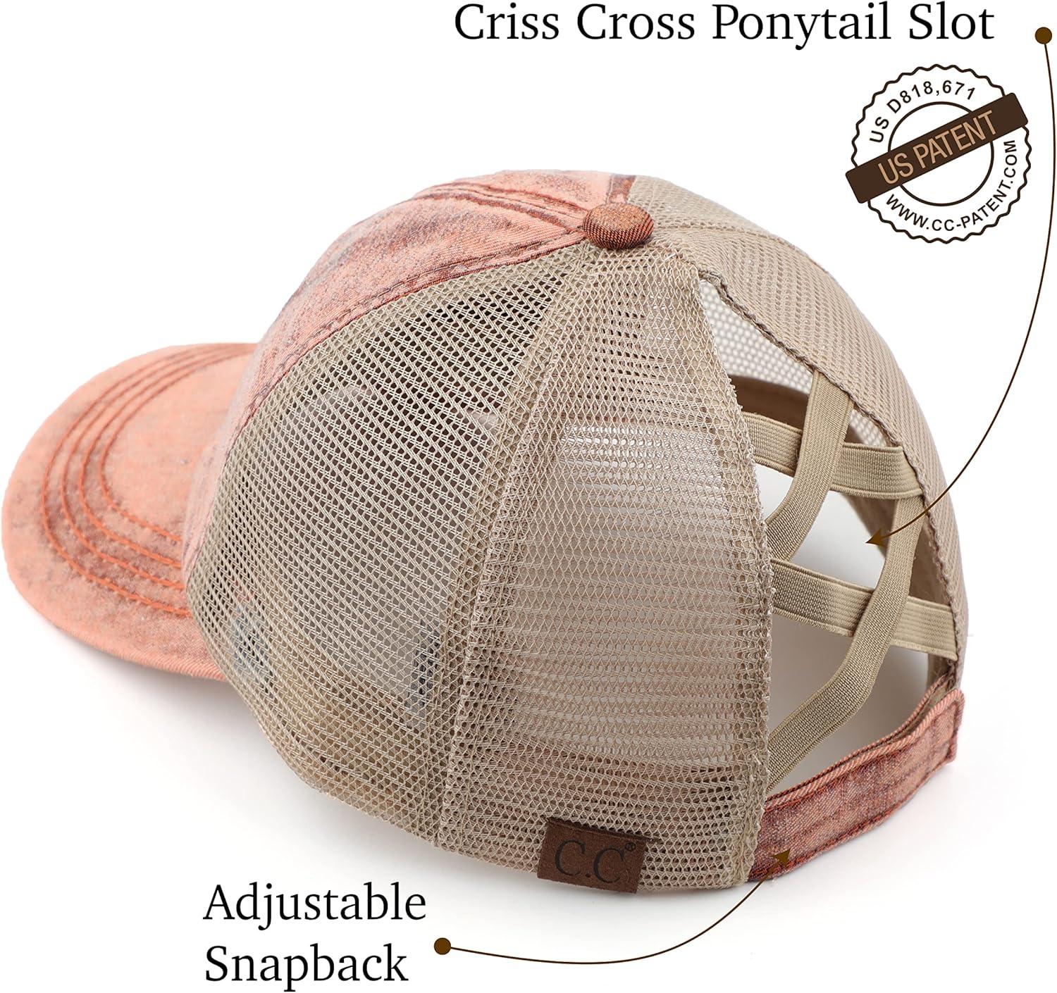 imageCC Exclusives Washed Distressed Cotton Denim CrissCross Ponytail Hat Baseball Cap BT1009Orange