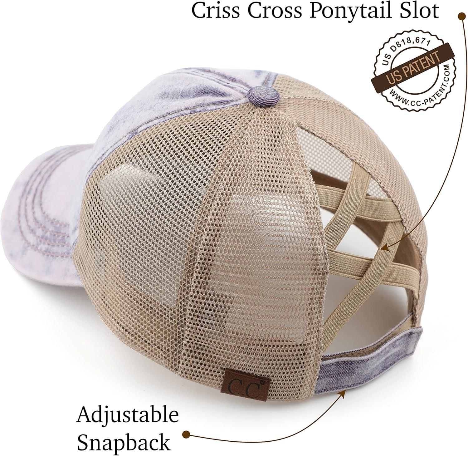 imageCC Exclusives Washed Distressed Cotton Denim CrissCross Ponytail Hat Baseball Cap BT1009Purple