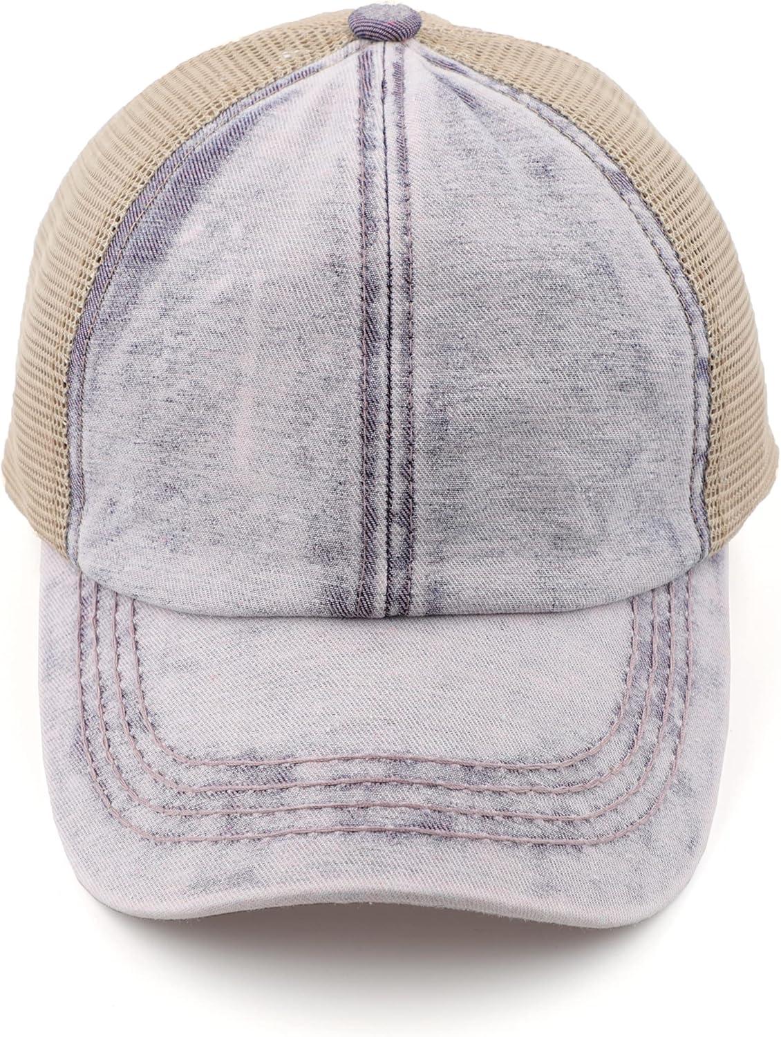 imageCC Exclusives Washed Distressed Cotton Denim CrissCross Ponytail Hat Baseball Cap BT1009Purple