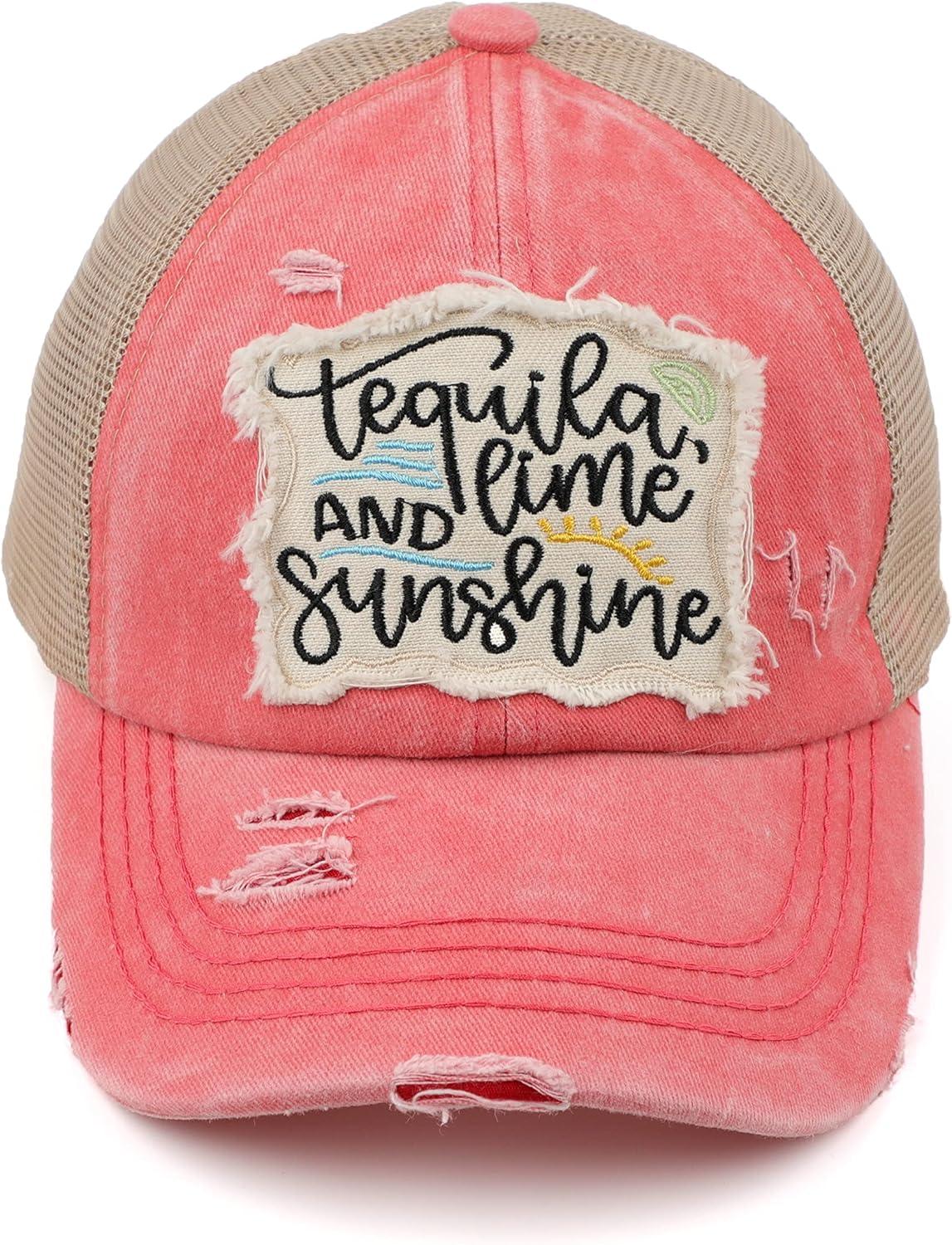 imageCC Exclusives Washed Distressed Embroidered Patch Cotton Denim CrissCross Ponytail Hat Adjustable Baseball CapA Elastic Bandtequila Coral