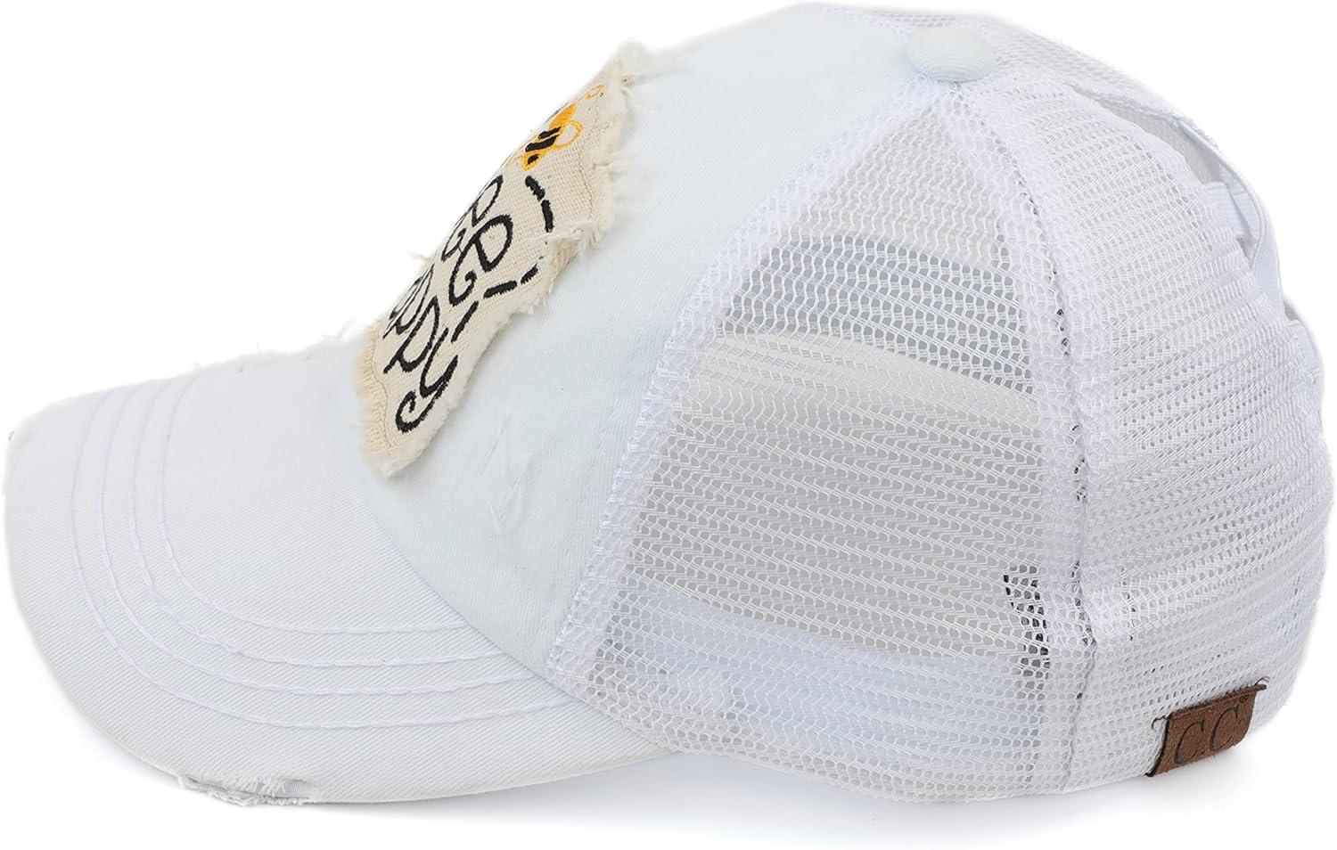 imageCC Exclusives Washed Distressed Embroidered Patch Cotton Denim CrissCross Ponytail Hat Adjustable Baseball CapBee Happy  White