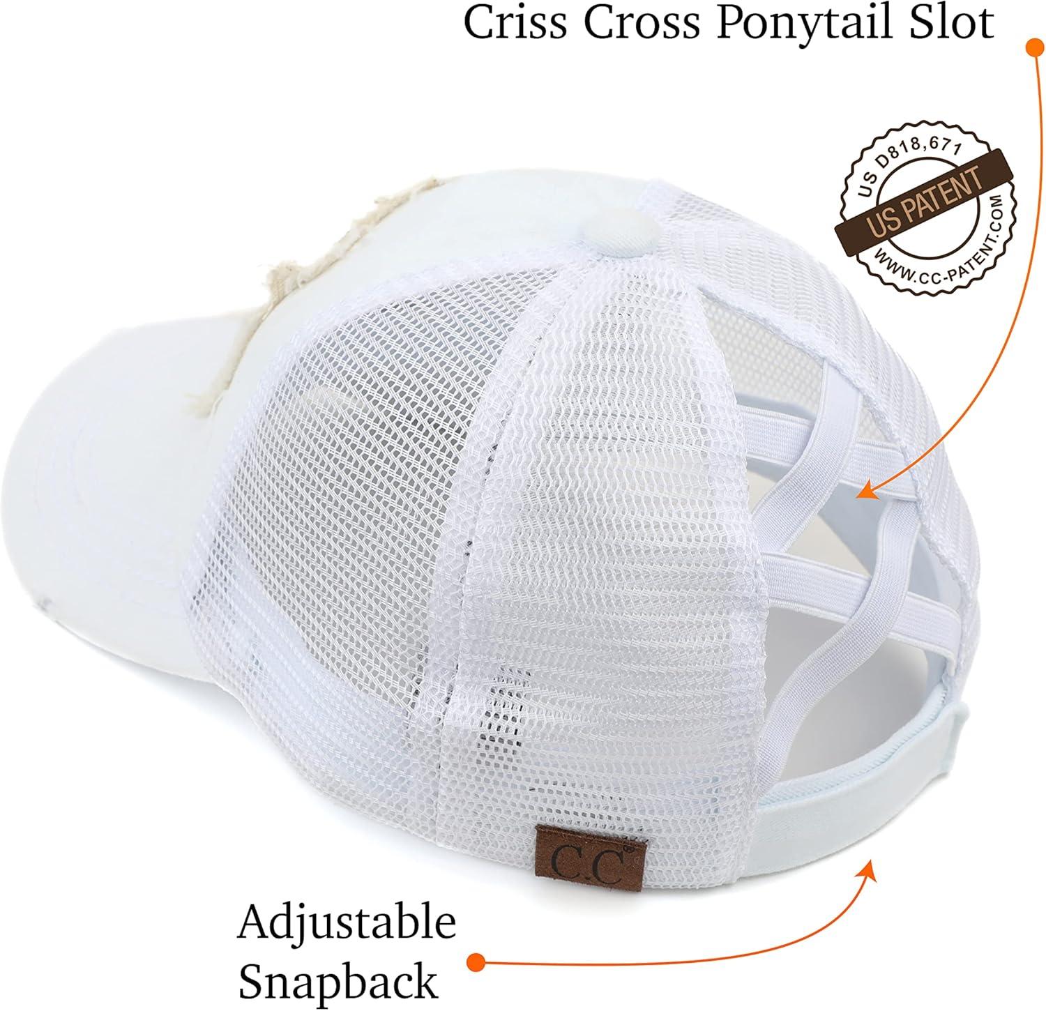 imageCC Exclusives Washed Distressed Embroidered Patch Cotton Denim CrissCross Ponytail Hat Adjustable Baseball CapBee Happy  White