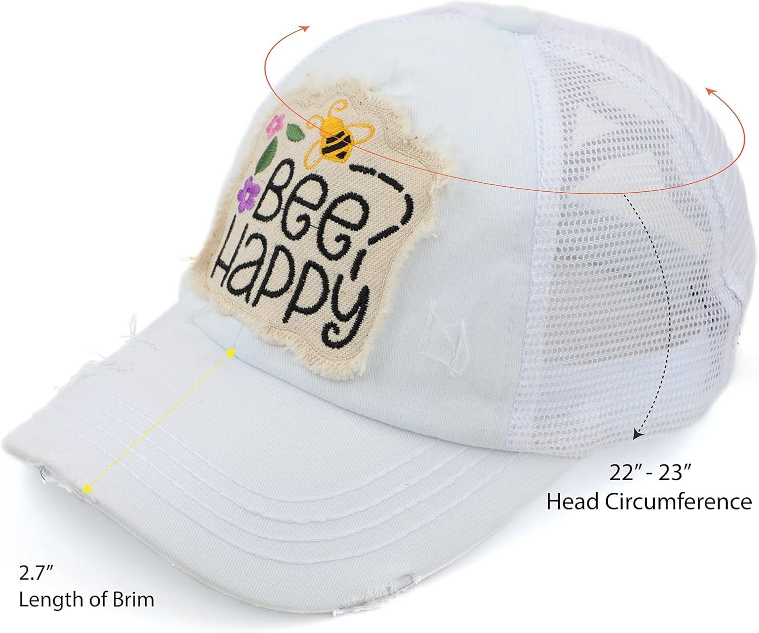 imageCC Exclusives Washed Distressed Embroidered Patch Cotton Denim CrissCross Ponytail Hat Adjustable Baseball CapBee Happy  White