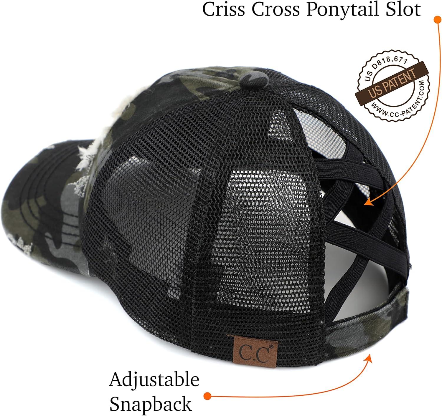 imageCC Exclusives Washed Distressed Embroidered Patch Cotton Denim CrissCross Ponytail Hat Adjustable Baseball CapHappy Camper  Black Camo