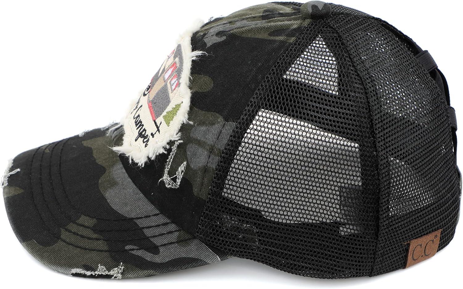 imageCC Exclusives Washed Distressed Embroidered Patch Cotton Denim CrissCross Ponytail Hat Adjustable Baseball CapHappy Camper  Black Camo