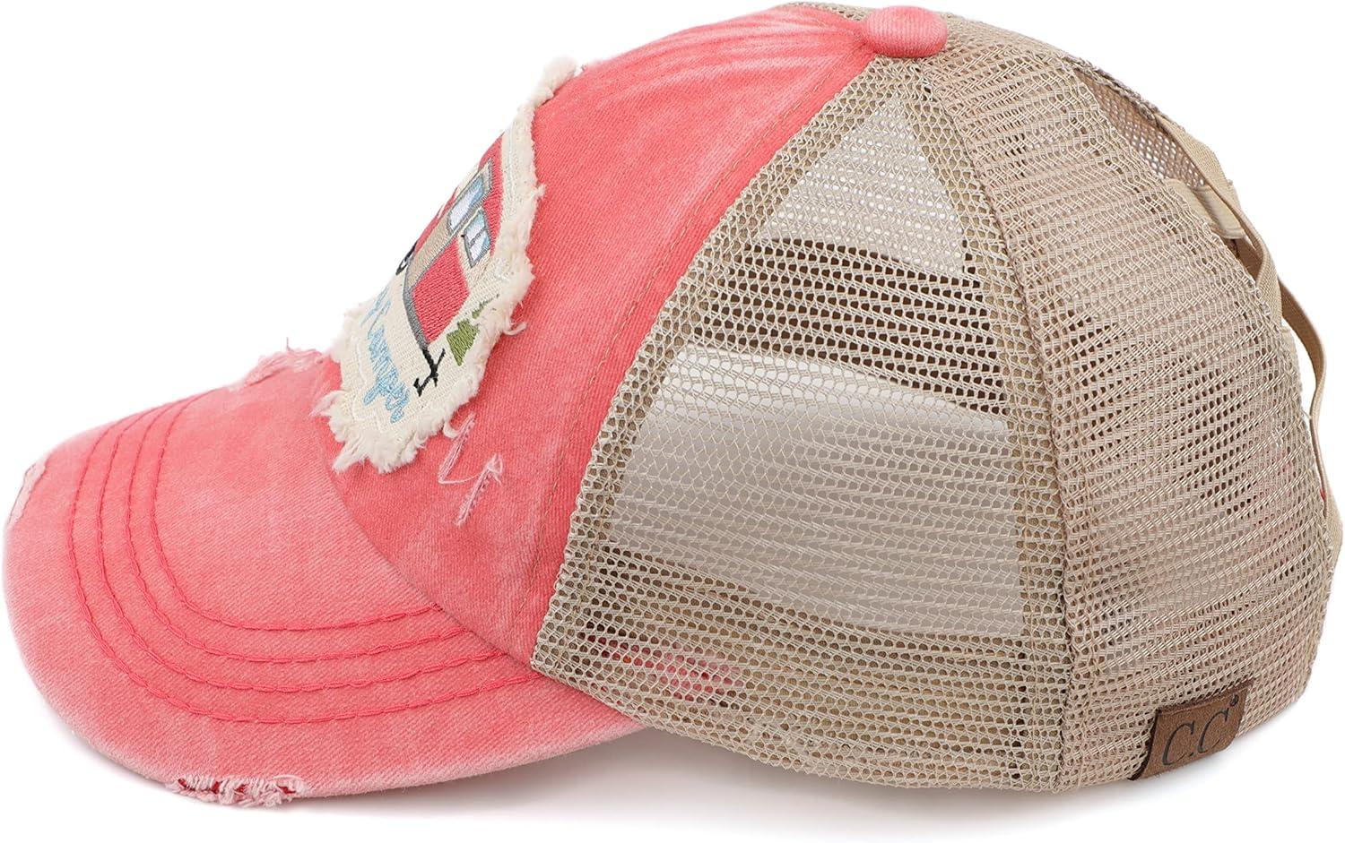 imageCC Exclusives Washed Distressed Embroidered Patch Cotton Denim CrissCross Ponytail Hat Adjustable Baseball CapHappy Camper  Coral