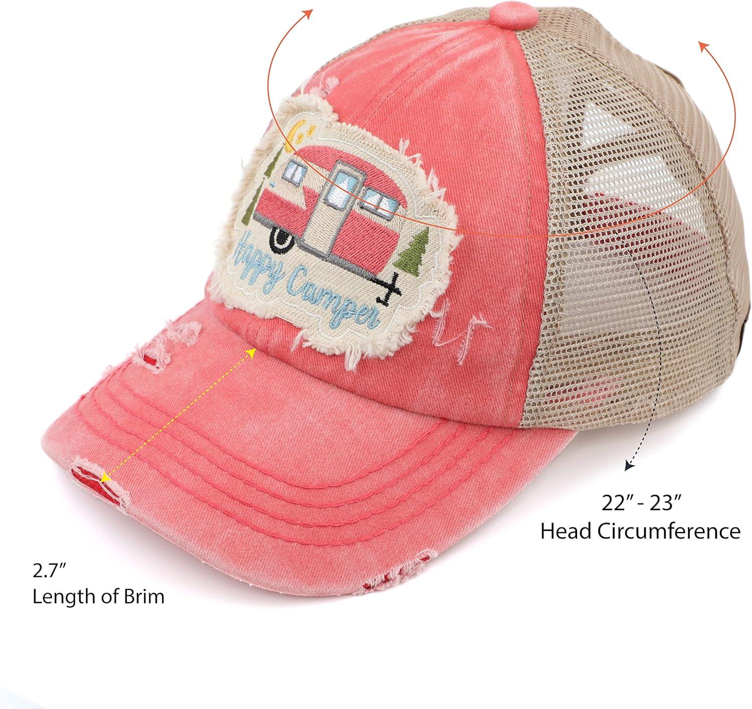 imageCC Exclusives Washed Distressed Embroidered Patch Cotton Denim CrissCross Ponytail Hat Adjustable Baseball CapHappy Camper  Coral