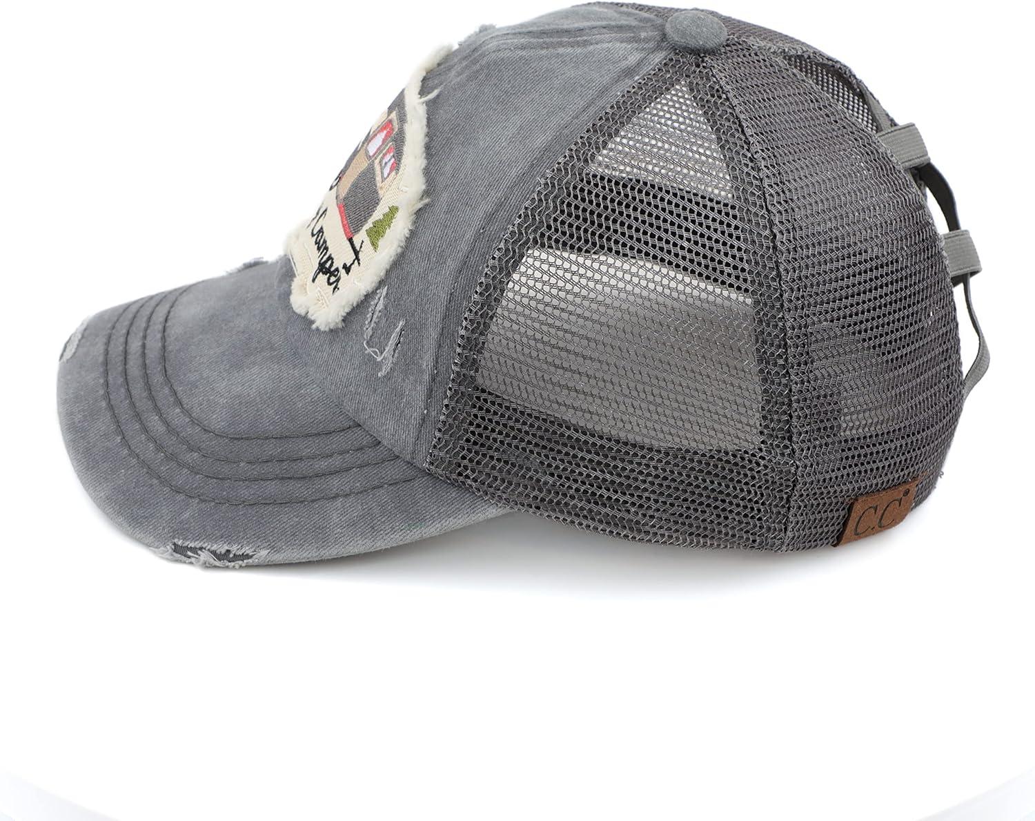 imageCC Exclusives Washed Distressed Embroidered Patch Cotton Denim CrissCross Ponytail Hat Adjustable Baseball CapHappy Camper  Grey