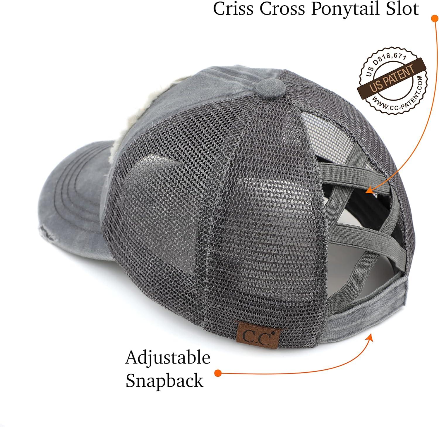 imageCC Exclusives Washed Distressed Embroidered Patch Cotton Denim CrissCross Ponytail Hat Adjustable Baseball CapHappy Camper  Grey