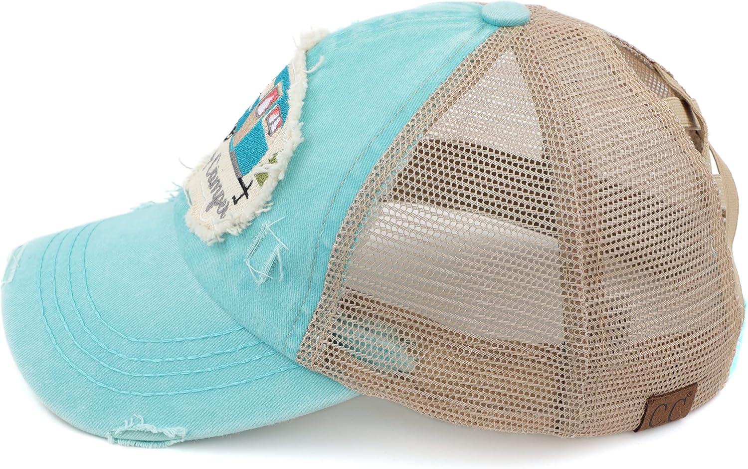 imageCC Exclusives Washed Distressed Embroidered Patch Cotton Denim CrissCross Ponytail Hat Adjustable Baseball CapHappy Camper  Mint