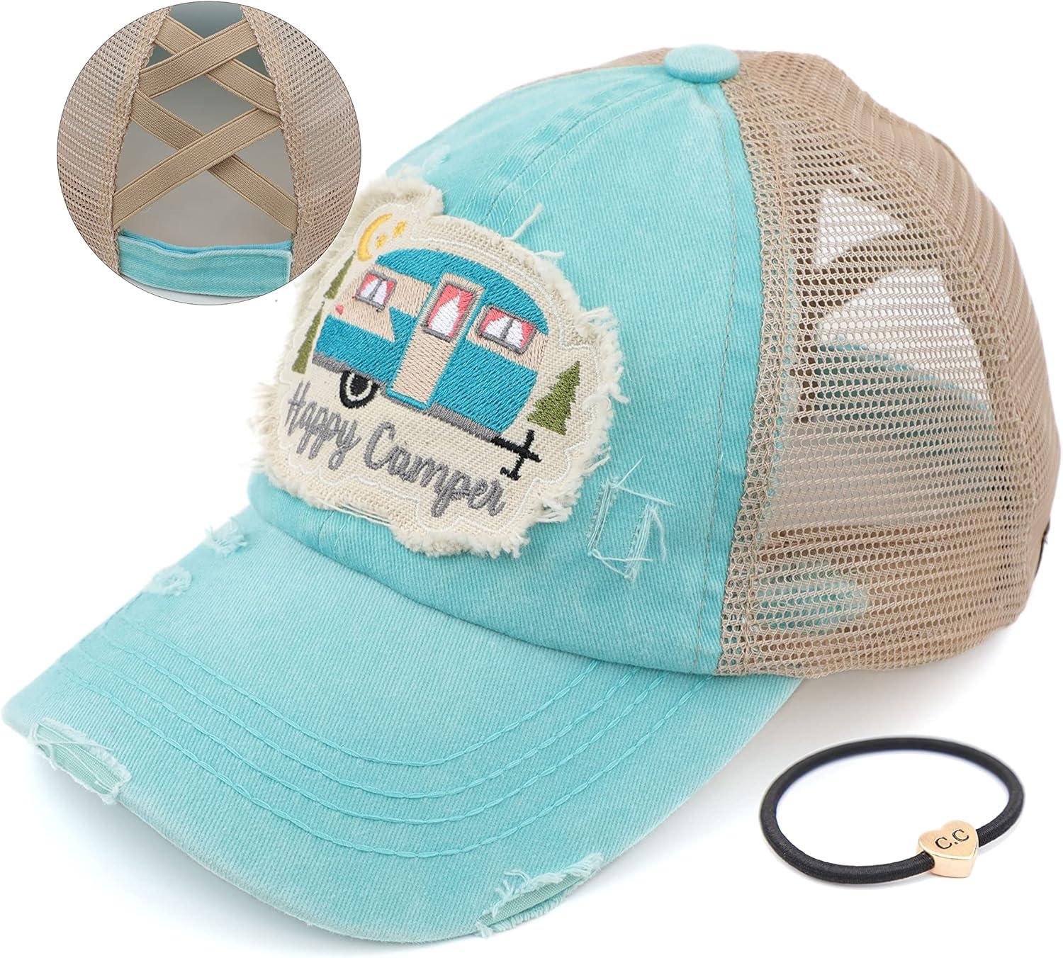 imageCC Exclusives Washed Distressed Embroidered Patch Cotton Denim CrissCross Ponytail Hat Adjustable Baseball CapHappy Camper  Mint