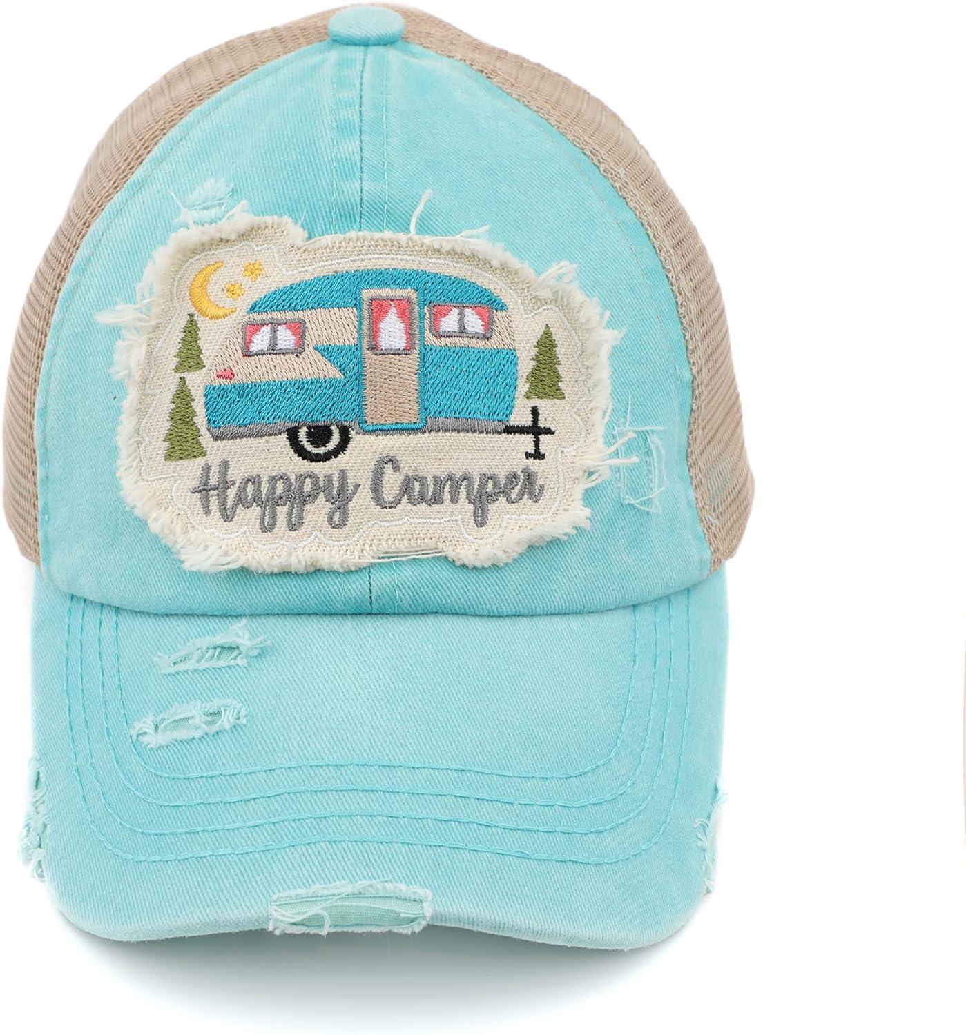 imageCC Exclusives Washed Distressed Embroidered Patch Cotton Denim CrissCross Ponytail Hat Adjustable Baseball CapHappy Camper  Mint