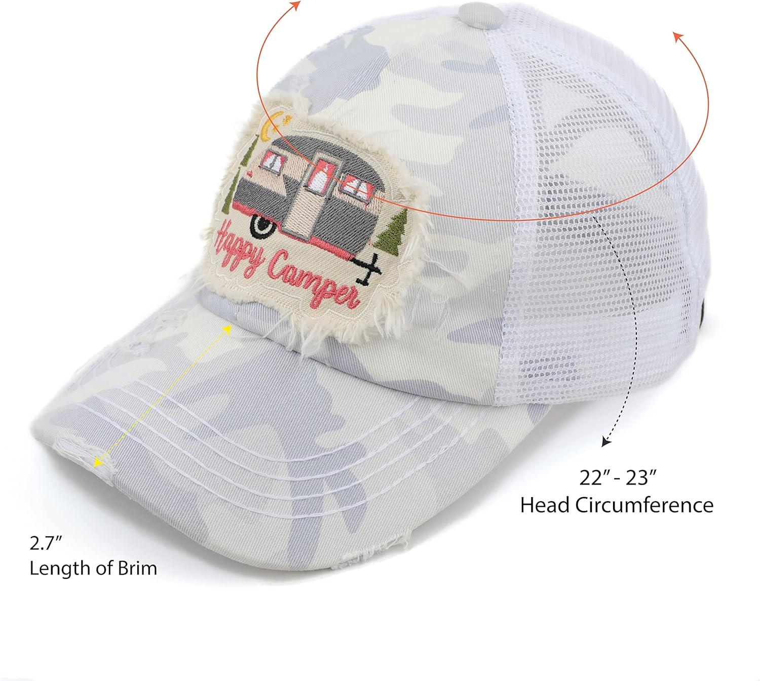 imageCC Exclusives Washed Distressed Embroidered Patch Cotton Denim CrissCross Ponytail Hat Adjustable Baseball CapHappy Camper  White Camo