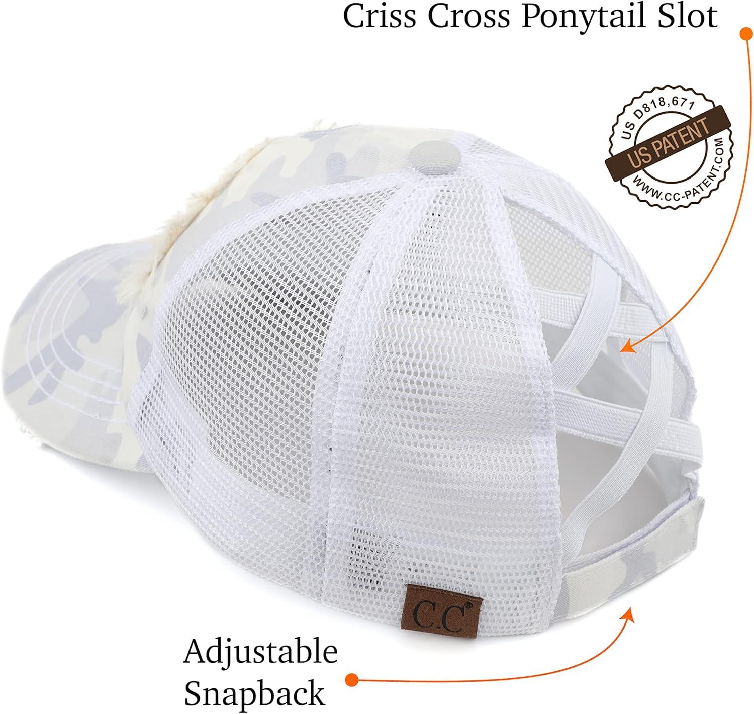 imageCC Exclusives Washed Distressed Embroidered Patch Cotton Denim CrissCross Ponytail Hat Adjustable Baseball CapHappy Camper  White Camo