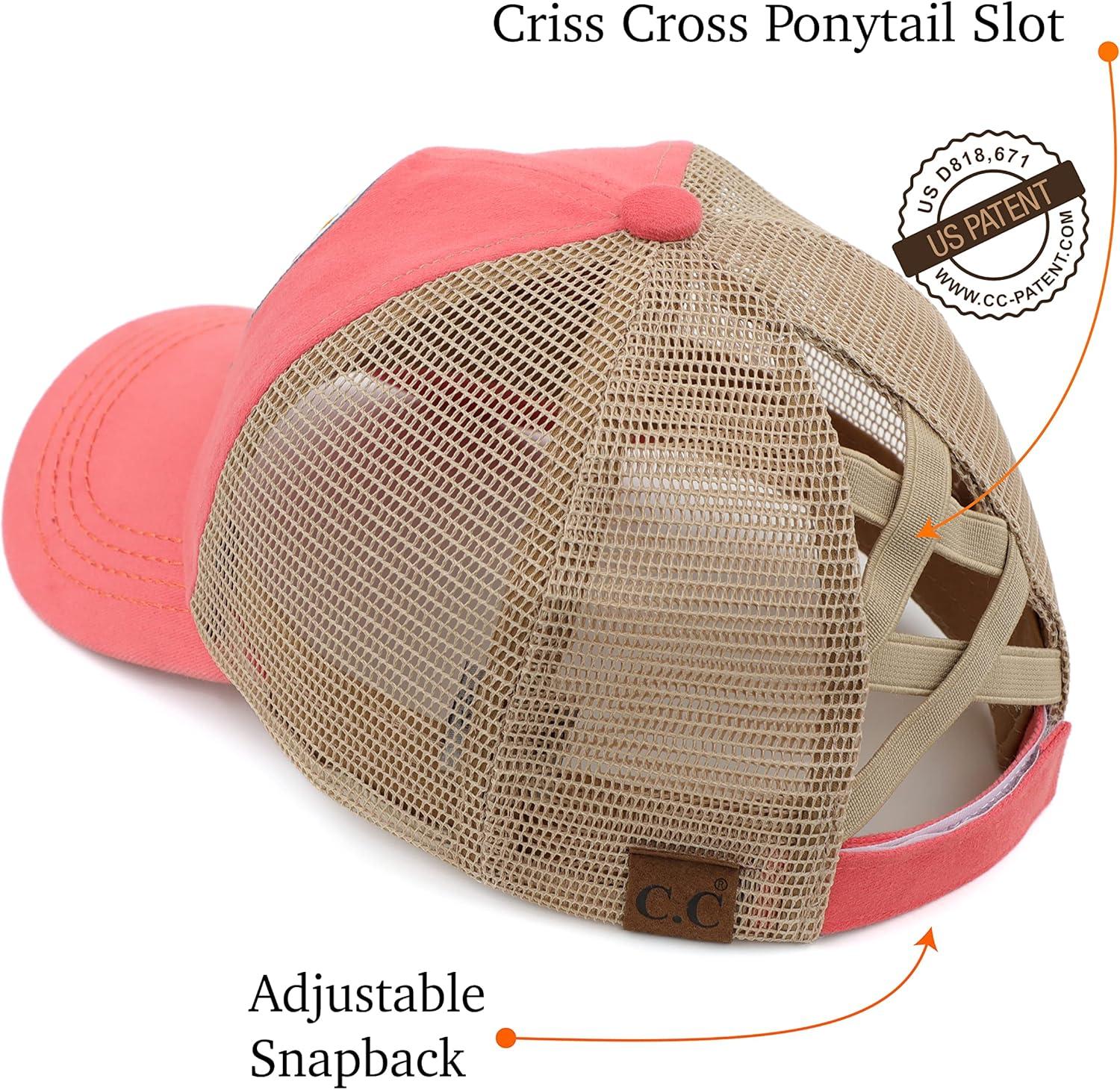 imageCC Exclusives Washed Distressed Embroidered Patch Cotton Denim CrissCross Ponytail Hat Adjustable Baseball CapHello Sunshine  Coral