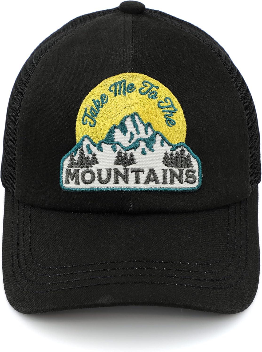 imageCC Exclusives Washed Distressed Embroidered Patch Cotton Denim CrissCross Ponytail Hat Adjustable Baseball CapMountains  Black