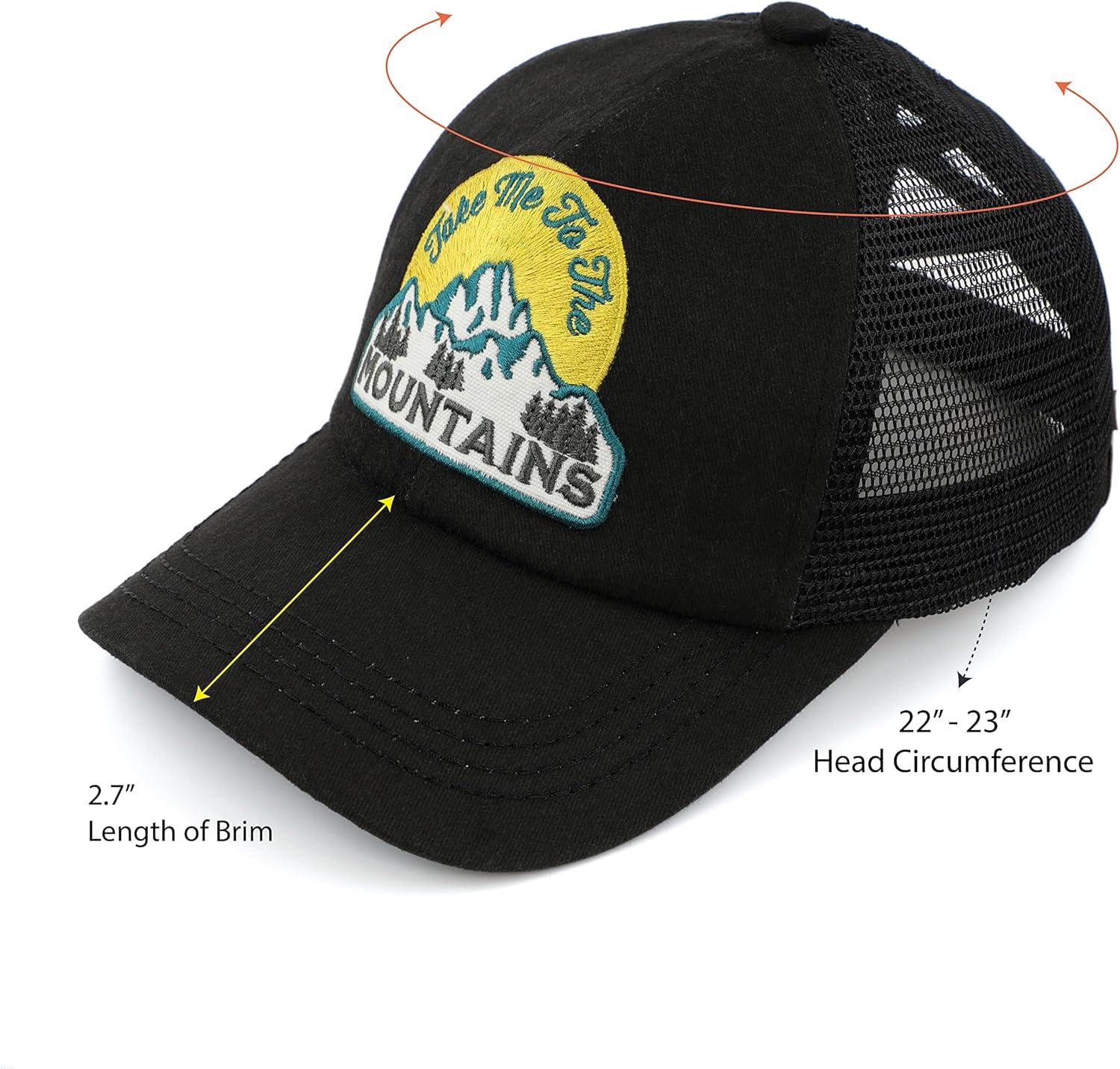 imageCC Exclusives Washed Distressed Embroidered Patch Cotton Denim CrissCross Ponytail Hat Adjustable Baseball CapMountains  Black