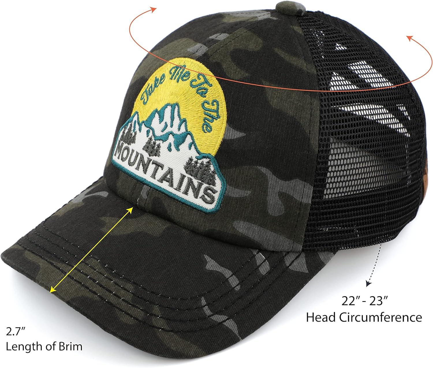 imageCC Exclusives Washed Distressed Embroidered Patch Cotton Denim CrissCross Ponytail Hat Adjustable Baseball CapMountains  Black Camo