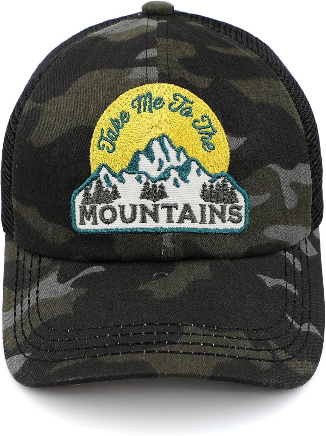 imageCC Exclusives Washed Distressed Embroidered Patch Cotton Denim CrissCross Ponytail Hat Adjustable Baseball CapMountains  Black Camo