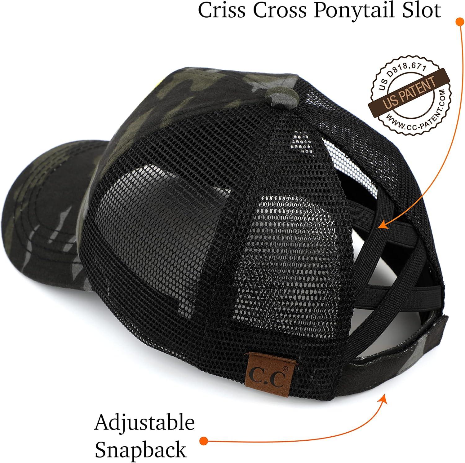 imageCC Exclusives Washed Distressed Embroidered Patch Cotton Denim CrissCross Ponytail Hat Adjustable Baseball CapMountains  Black Camo