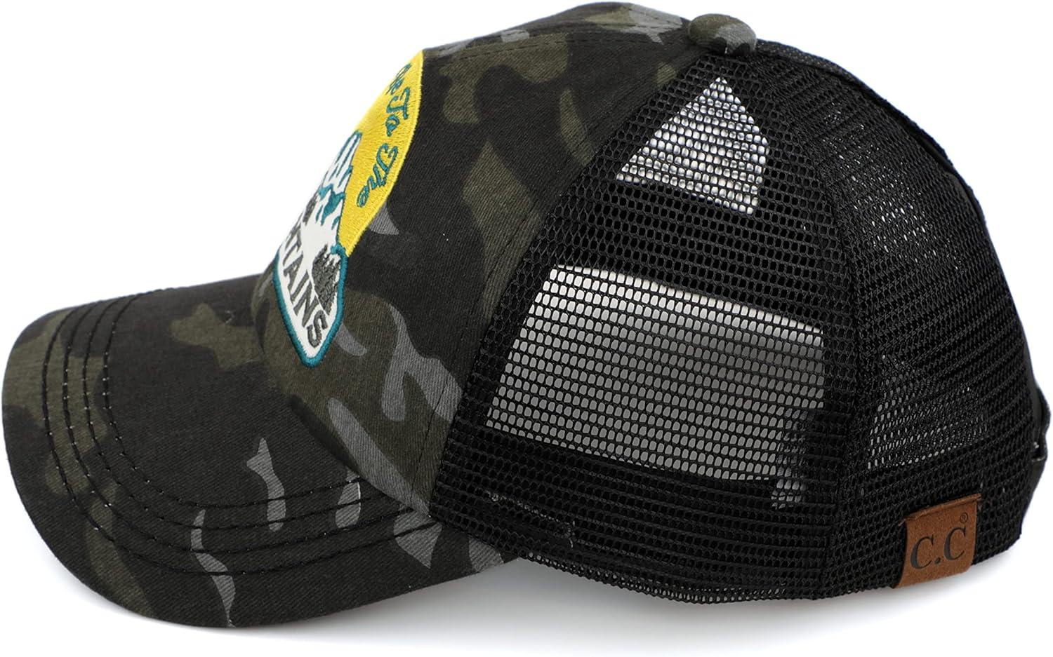 imageCC Exclusives Washed Distressed Embroidered Patch Cotton Denim CrissCross Ponytail Hat Adjustable Baseball CapMountains  Black Camo