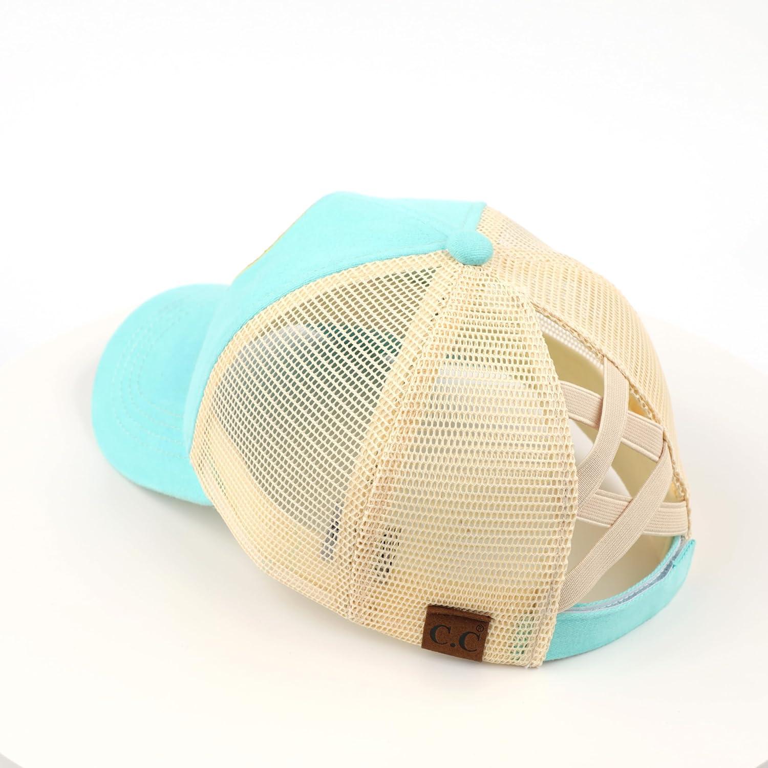imageCC Exclusives Washed Distressed Embroidered Patch Cotton Denim CrissCross Ponytail Hat Adjustable Baseball CapMountains  Mint