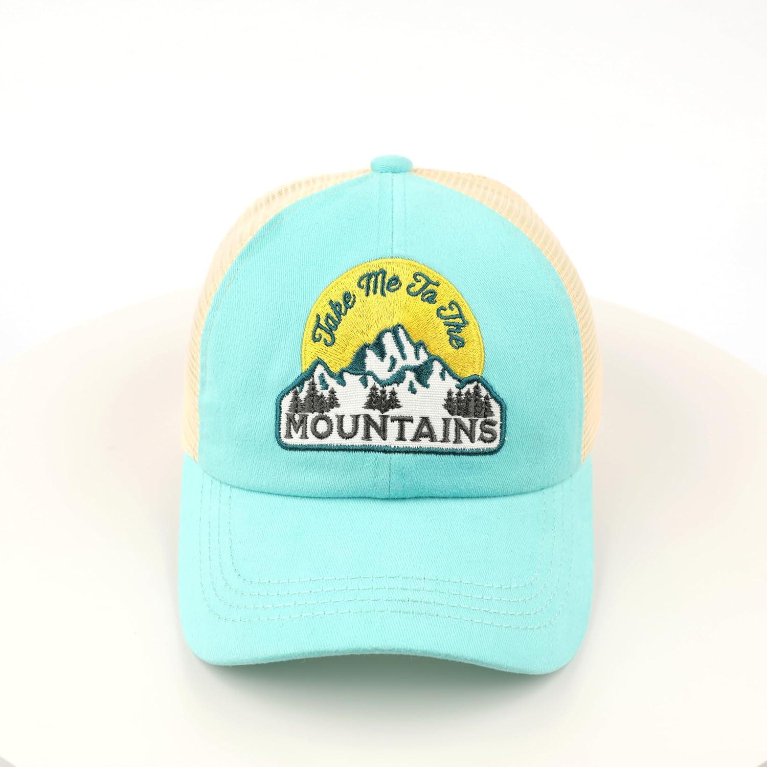 imageCC Exclusives Washed Distressed Embroidered Patch Cotton Denim CrissCross Ponytail Hat Adjustable Baseball CapMountains  Mint
