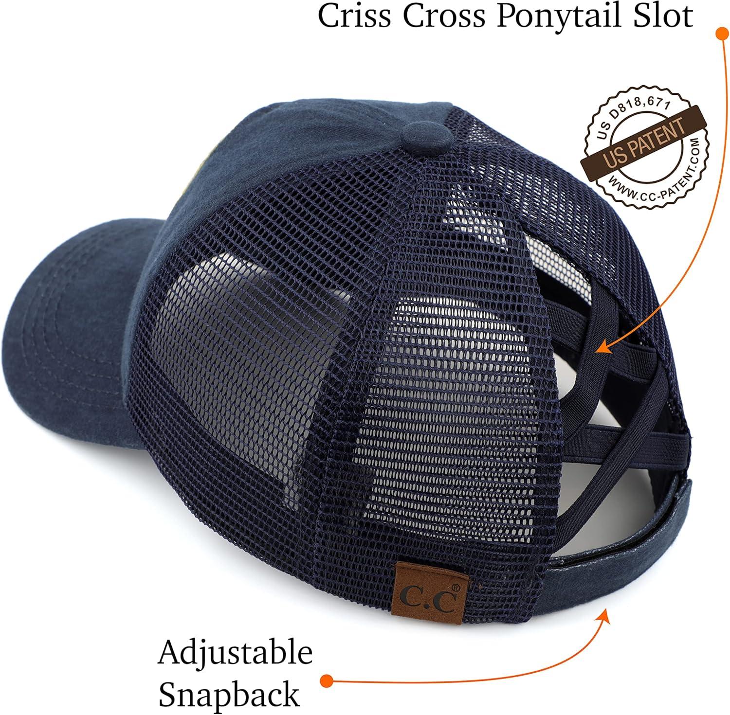 imageCC Exclusives Washed Distressed Embroidered Patch Cotton Denim CrissCross Ponytail Hat Adjustable Baseball CapMountains  Navy