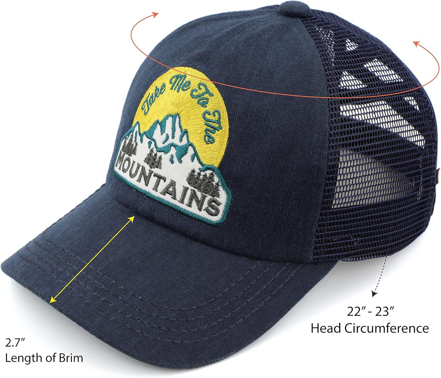 imageCC Exclusives Washed Distressed Embroidered Patch Cotton Denim CrissCross Ponytail Hat Adjustable Baseball CapMountains  Navy