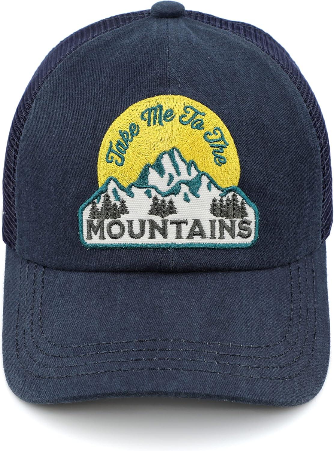 imageCC Exclusives Washed Distressed Embroidered Patch Cotton Denim CrissCross Ponytail Hat Adjustable Baseball CapMountains  Navy