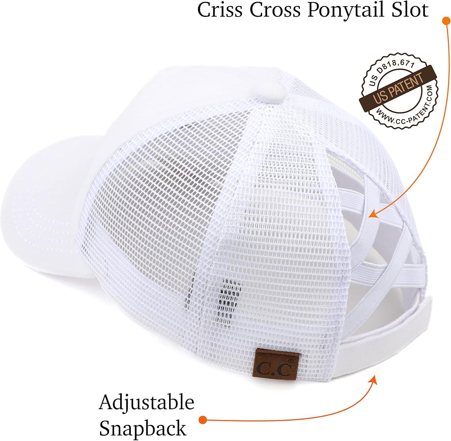 imageCC Exclusives Washed Distressed Embroidered Patch Cotton Denim CrissCross Ponytail Hat Adjustable Baseball CapMountains  White