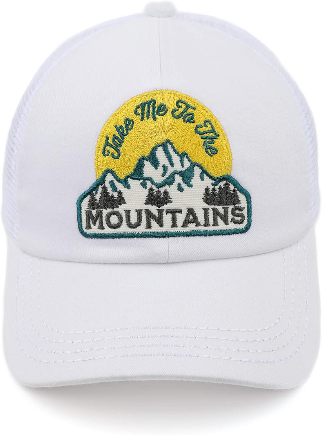 imageCC Exclusives Washed Distressed Embroidered Patch Cotton Denim CrissCross Ponytail Hat Adjustable Baseball CapMountains  White