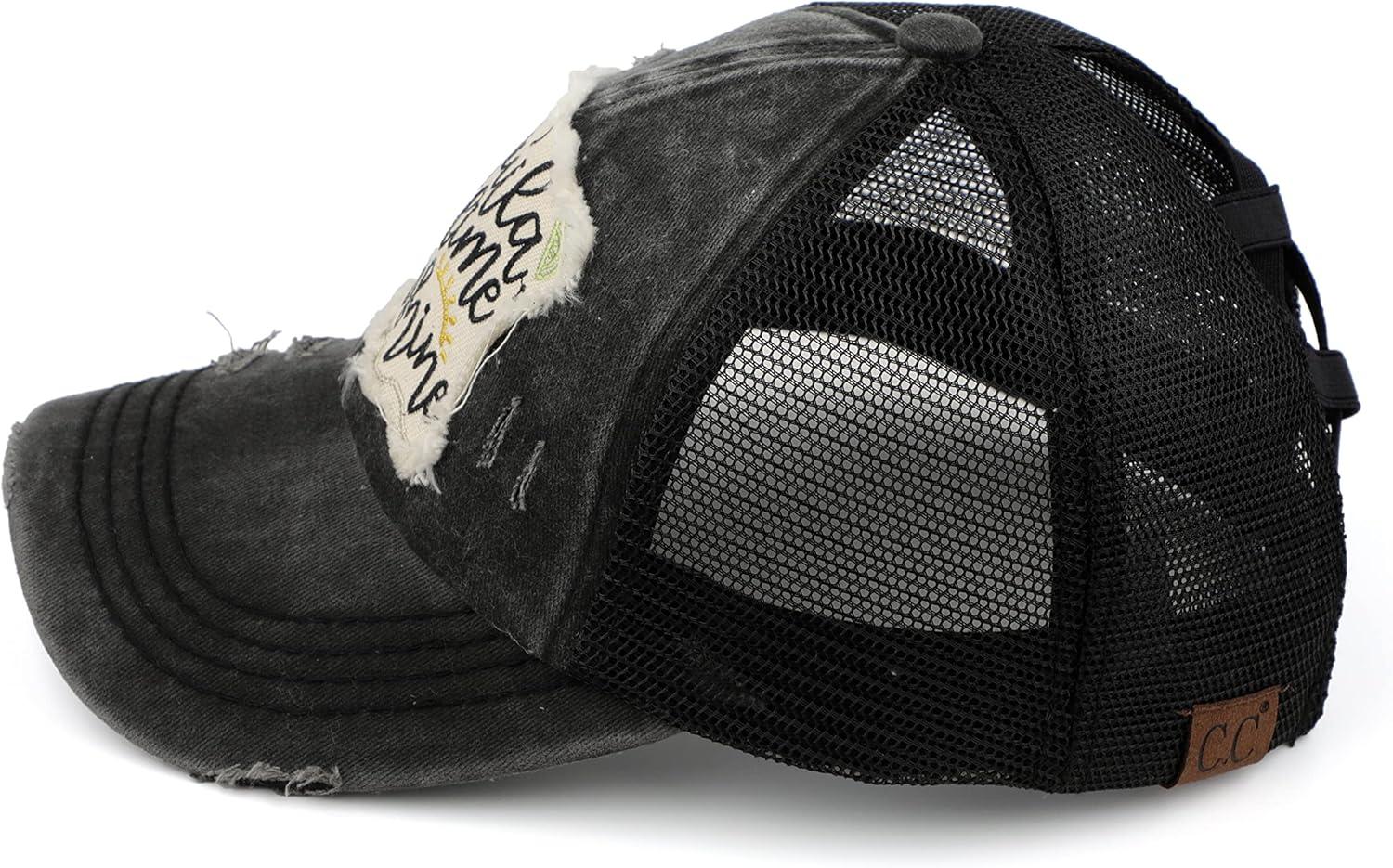 imageCC Exclusives Washed Distressed Embroidered Patch Cotton Denim CrissCross Ponytail Hat Adjustable Baseball CapTequila  Black