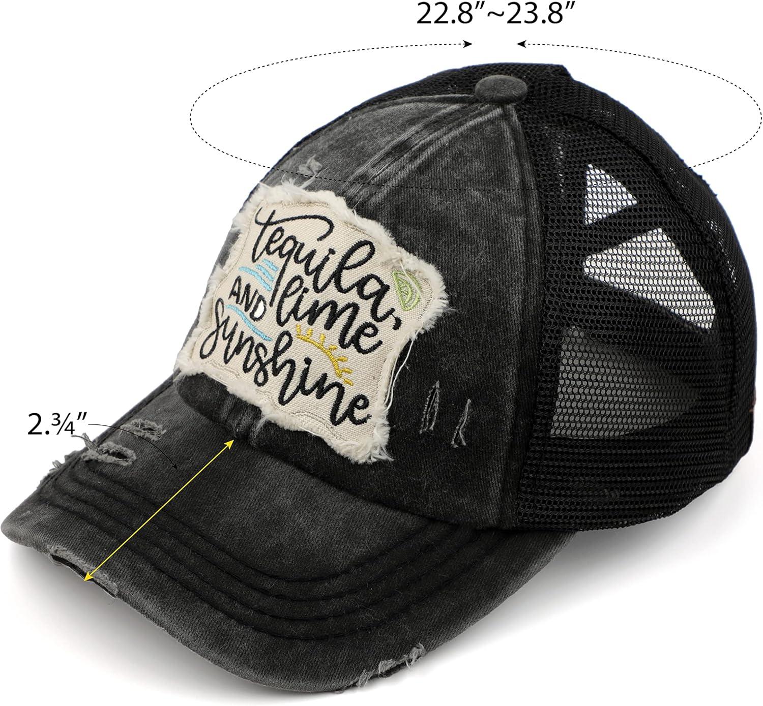 imageCC Exclusives Washed Distressed Embroidered Patch Cotton Denim CrissCross Ponytail Hat Adjustable Baseball CapTequila  Black